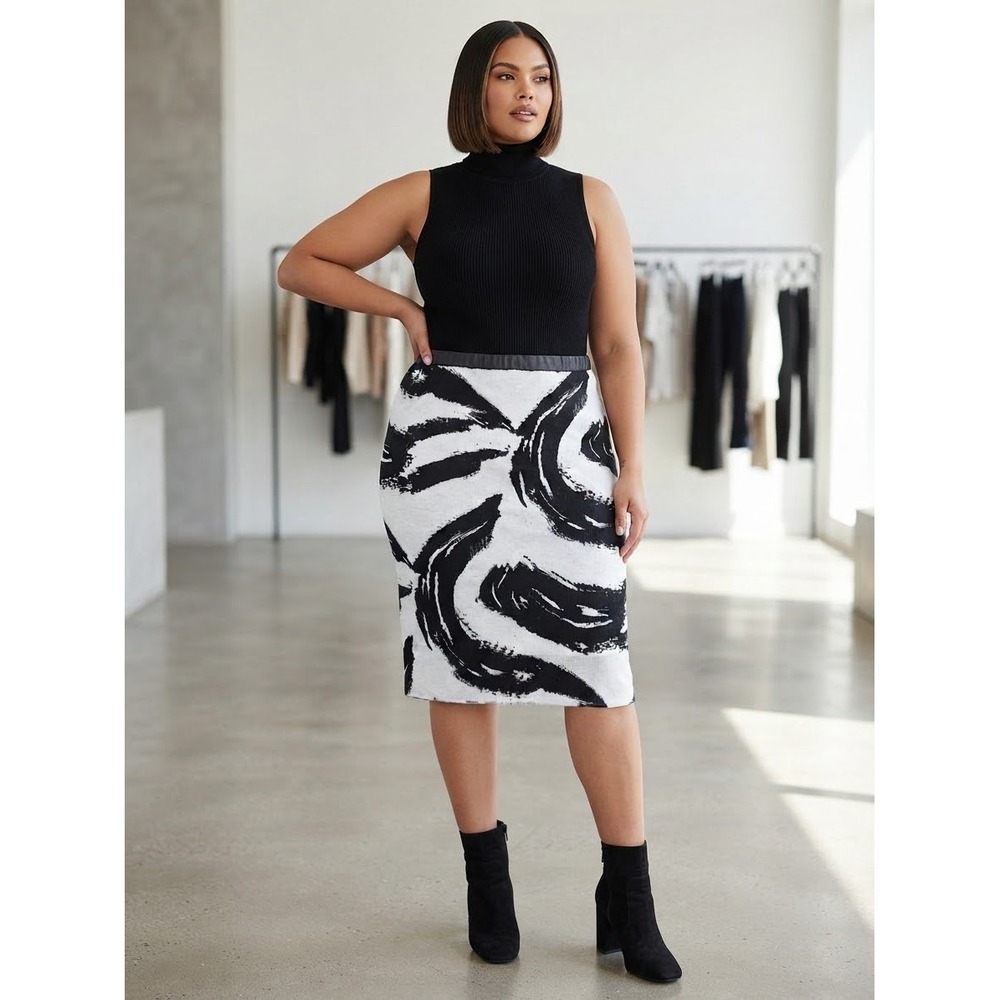 Ming Wang Black White Abstract Brushstroke Pleated Knit Pencil Skirt Plus 3X NWT